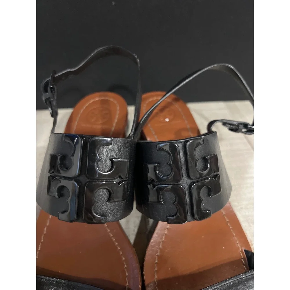 Tory Burch Lowell Black Leather Logo Buckle Block Heel Sandals Womens 8.5M Prepp